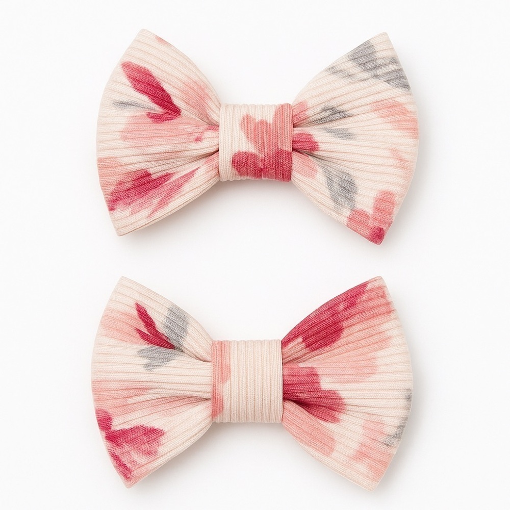 Pink Floral Ribbed Bow Hair Clips